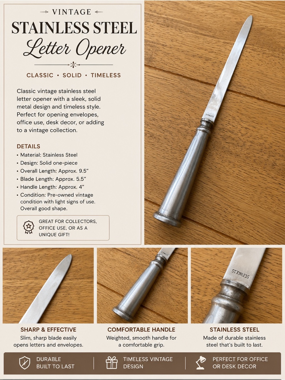 Vintage Stainless Steel Letter Opener Desk Accessory